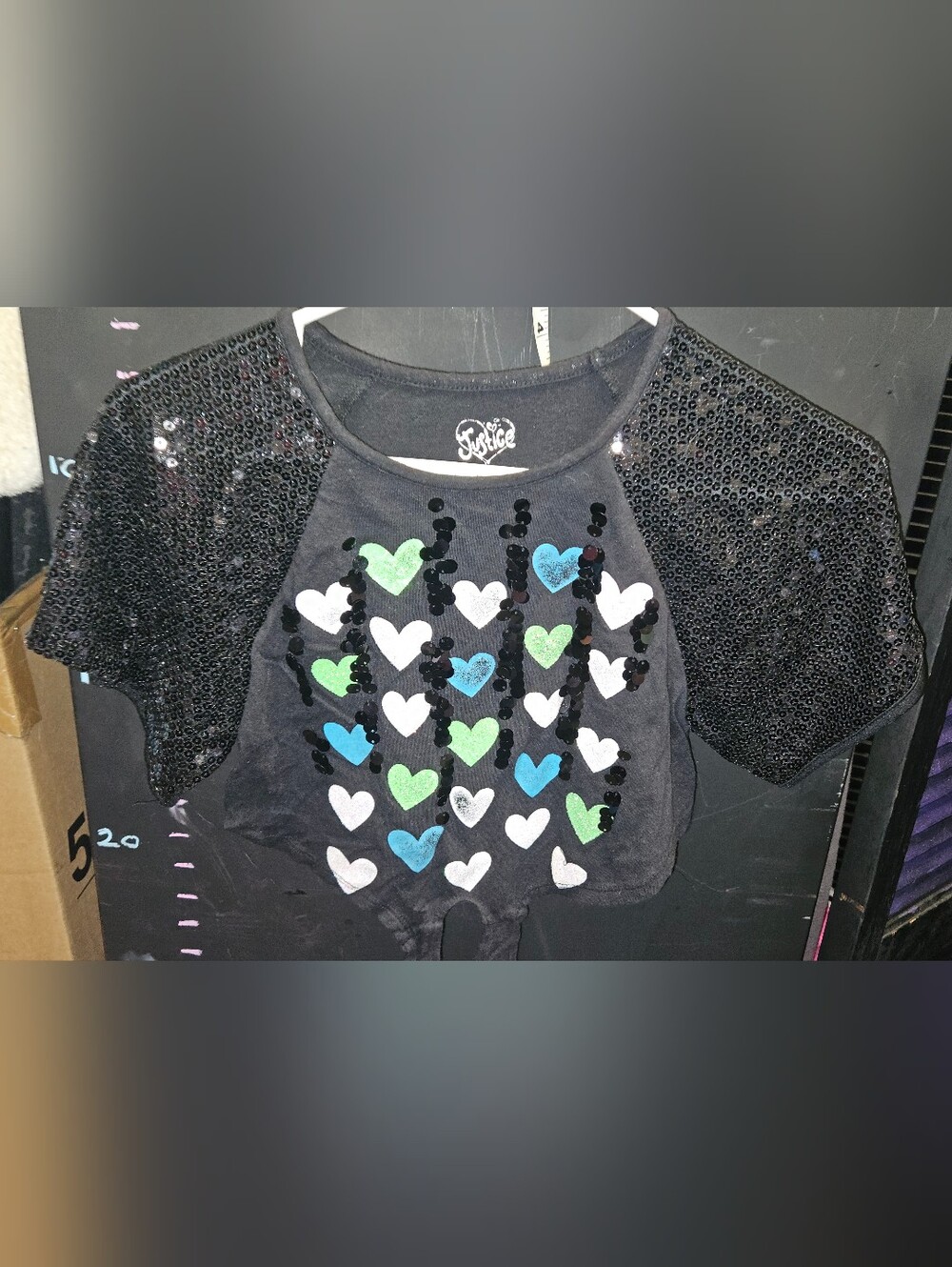 Justice Black Sequin Sleeve Heart Raglan Top - Blue Green White Size 5 Girls